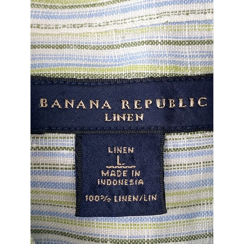 Banana Republic Mens 100% Linen Button Up Shirt L Multicolor Pinstripe‎ Coastal